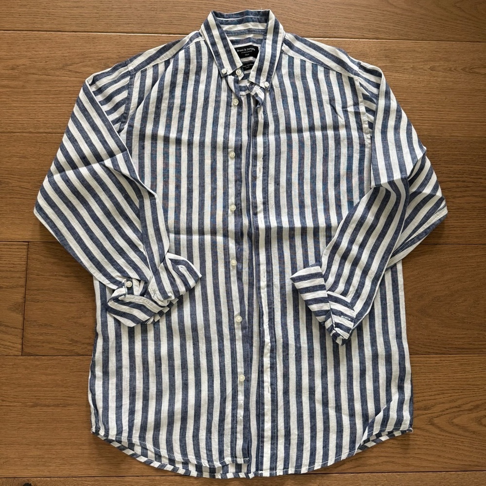 Bruun & Stengade Valencia Casual Slim Fit Linen Shirt - Blue/White - Size Small